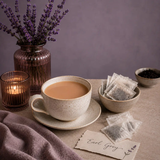 Tea cup with Earl Grey tea bags, lavender, and a candle on a table.