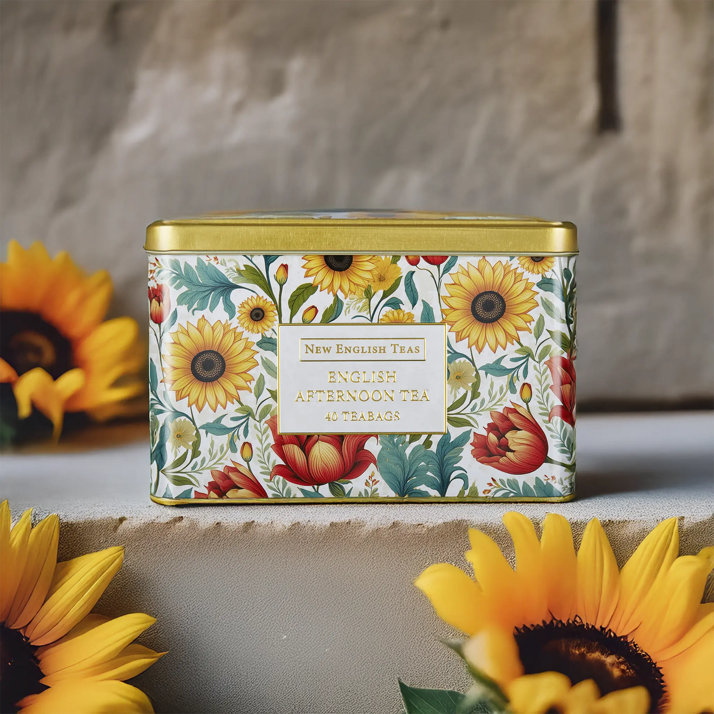 Embroidery Collection Sunflowers Classic Tea Tin by New English Teas