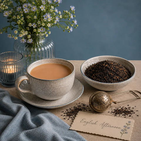 Cup of tea with English Afternoon tea leaves, a tea strainer, and a card labeled 'English Afternoon' on a table with flowers and a candle.