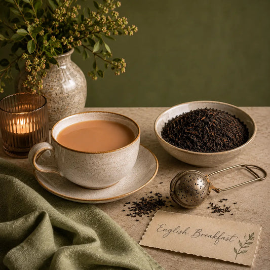 Tea cup with English Breakfast blend tea leaves, a bowl of tea, and a candle on a wooden surface.