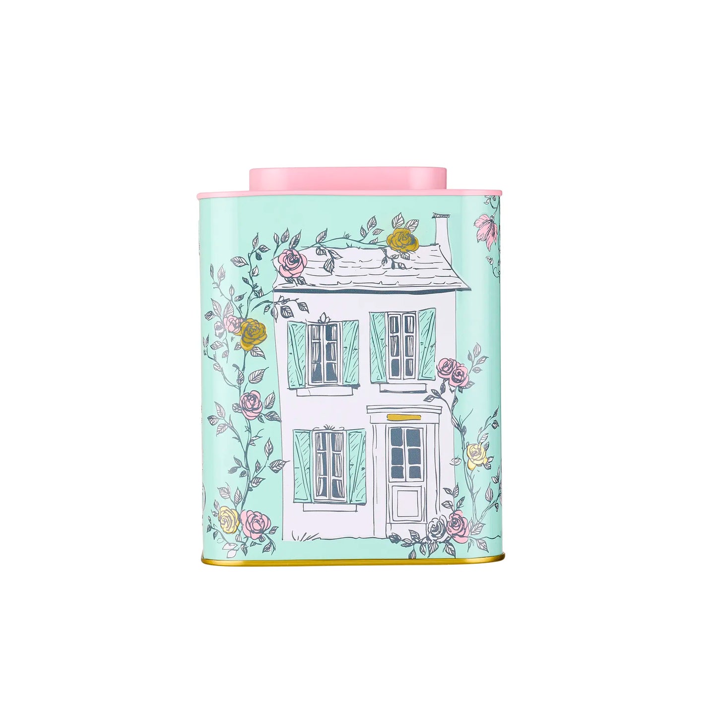 Tea canister with a house and floral design on a light blue background