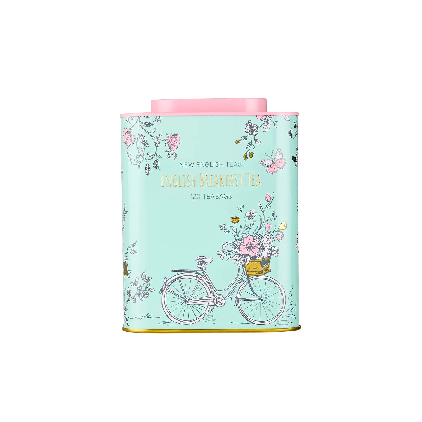Tea canister with floral design and bicycle illustration on a light blue background