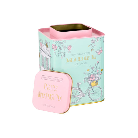 Mint Green tea tin with pink lid and 'English Breakfast Tea' packaging on a white background