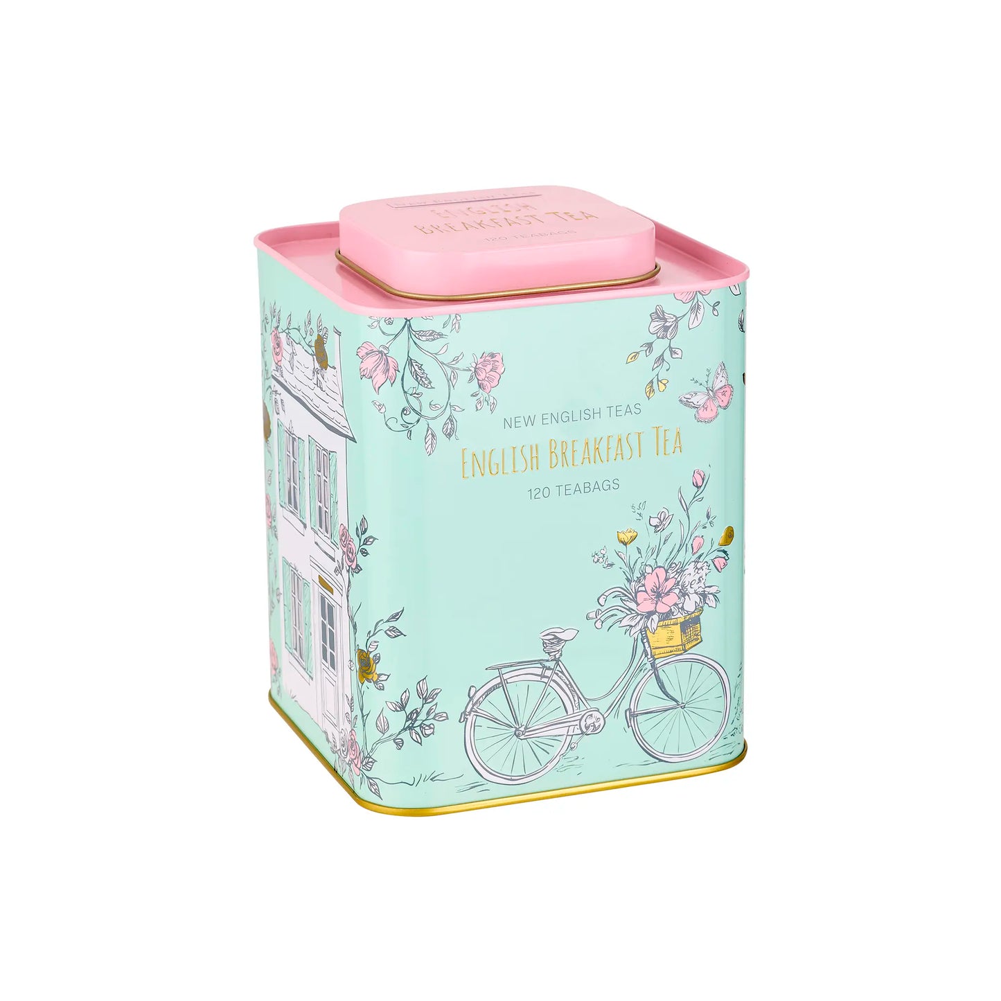 Tea tin with bicycle and floral design on a white background