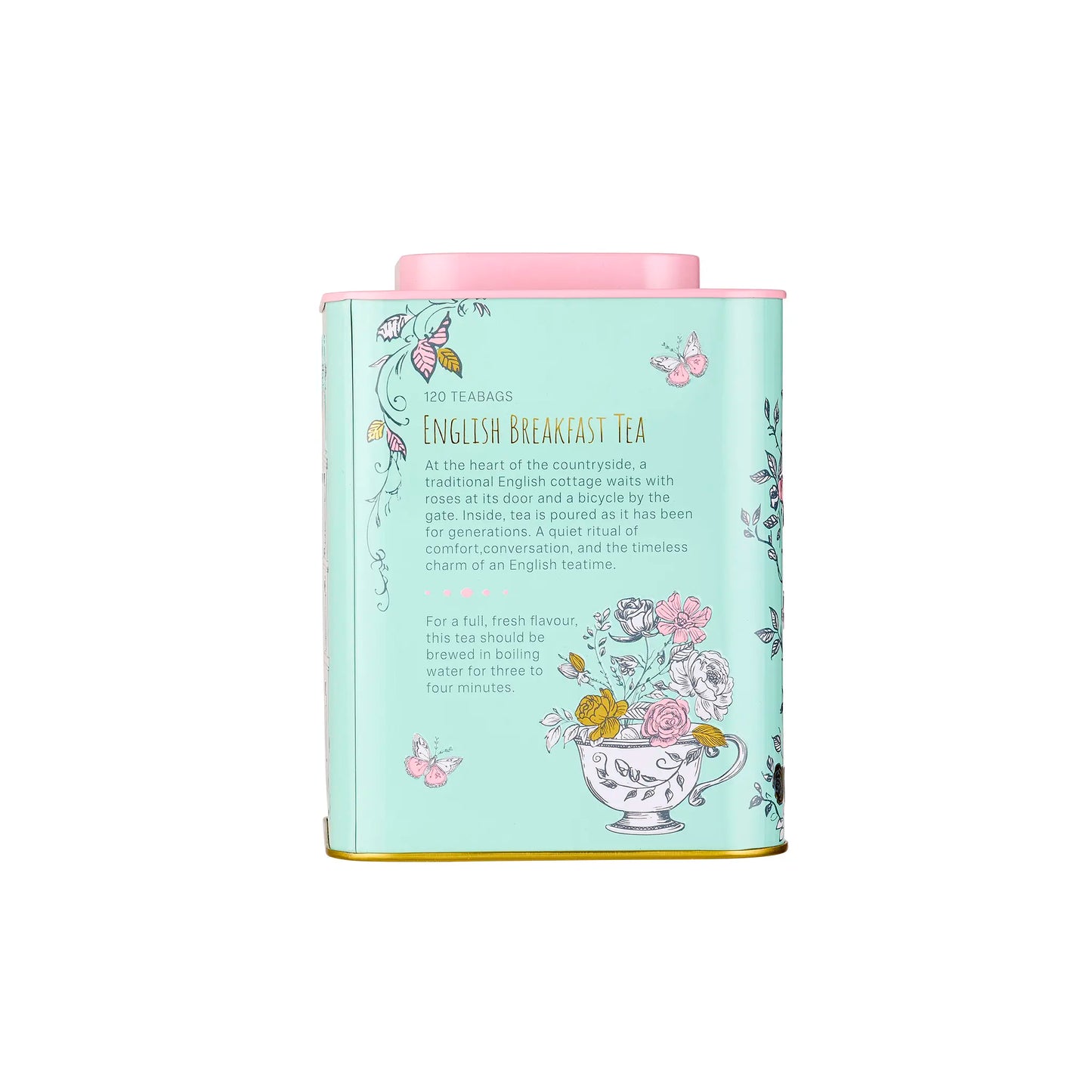 Tea canister with decorative design and text on a white background