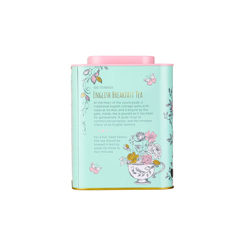 Tea canister with decorative design and text on a white background