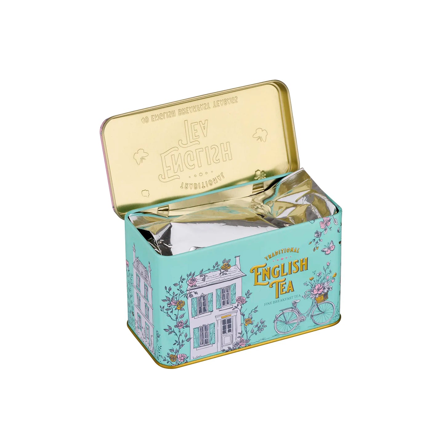 Tea tin with decorative design and 'English Tea' text on a white background