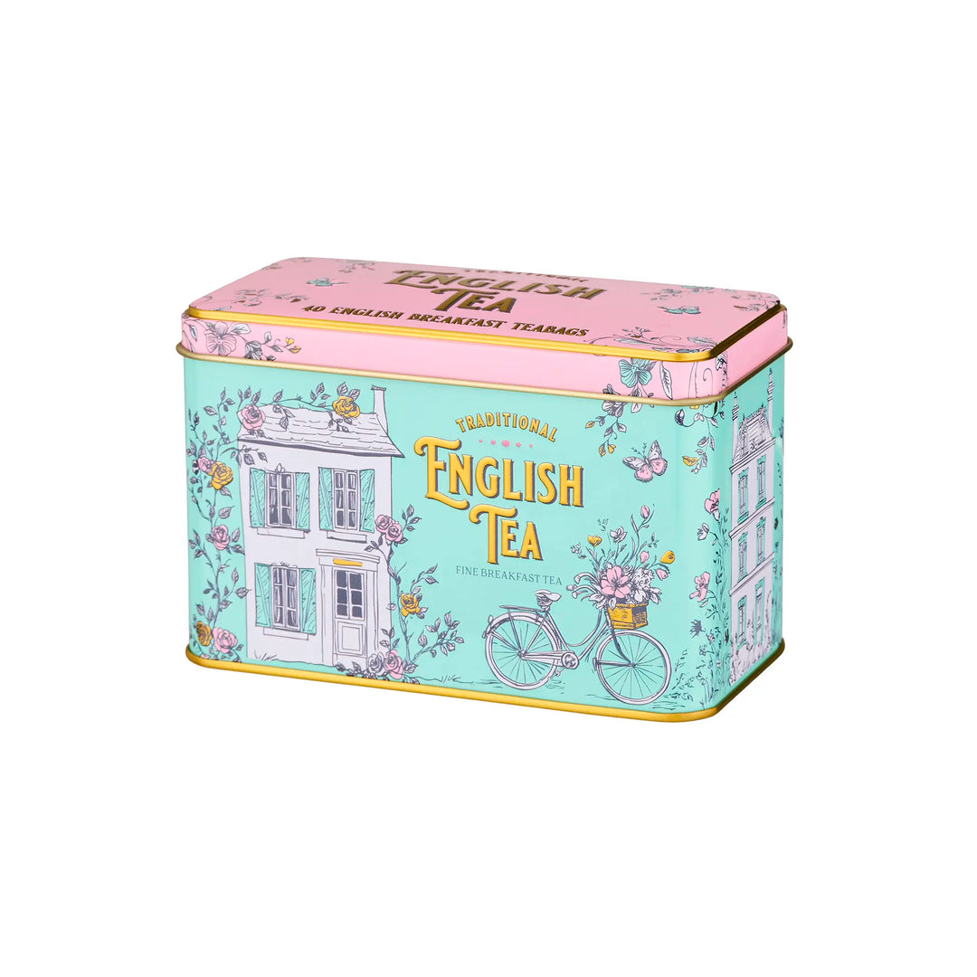 Tea tin with vintage design and 'English Tea' text on a white background