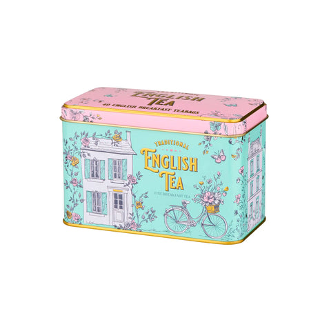 Tea tin with vintage design and 'English Tea' text on a white background