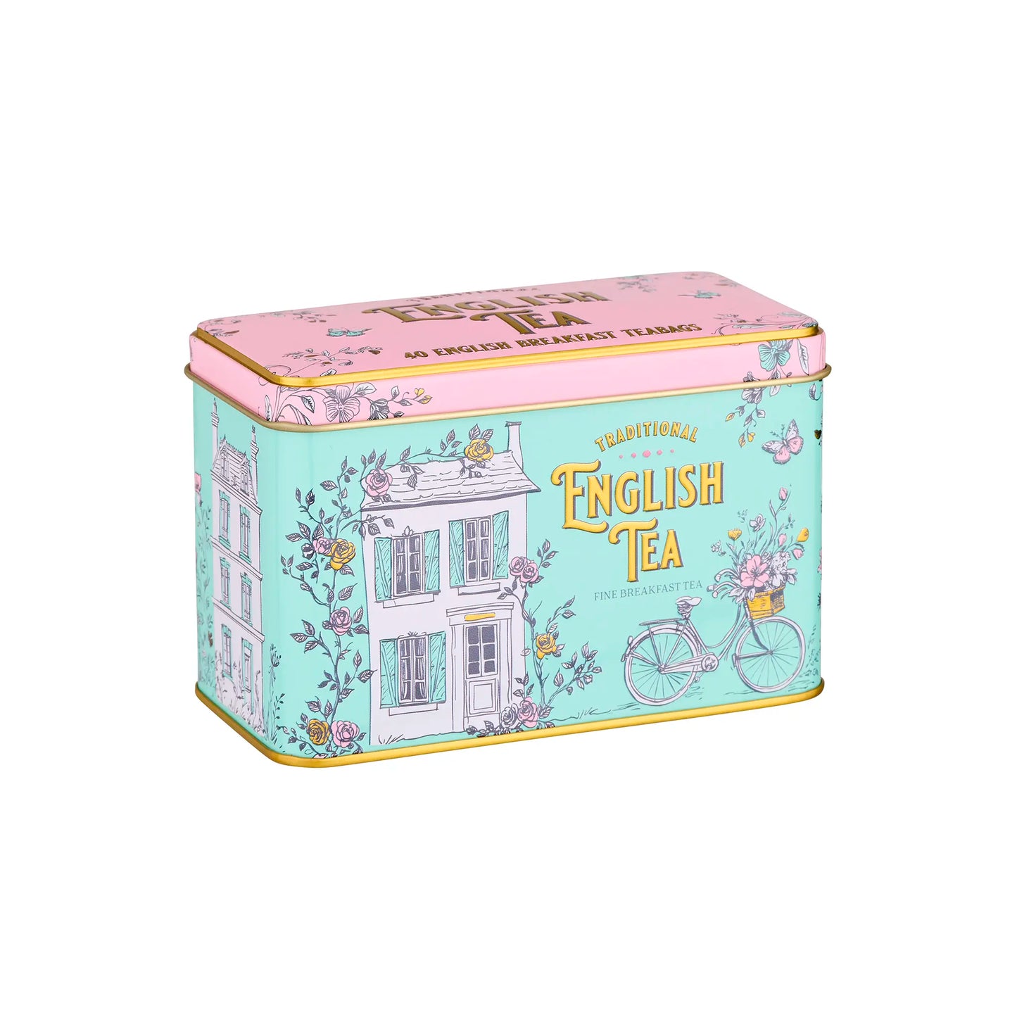 Tea tin with vintage design and 'English Tea' text on a white background