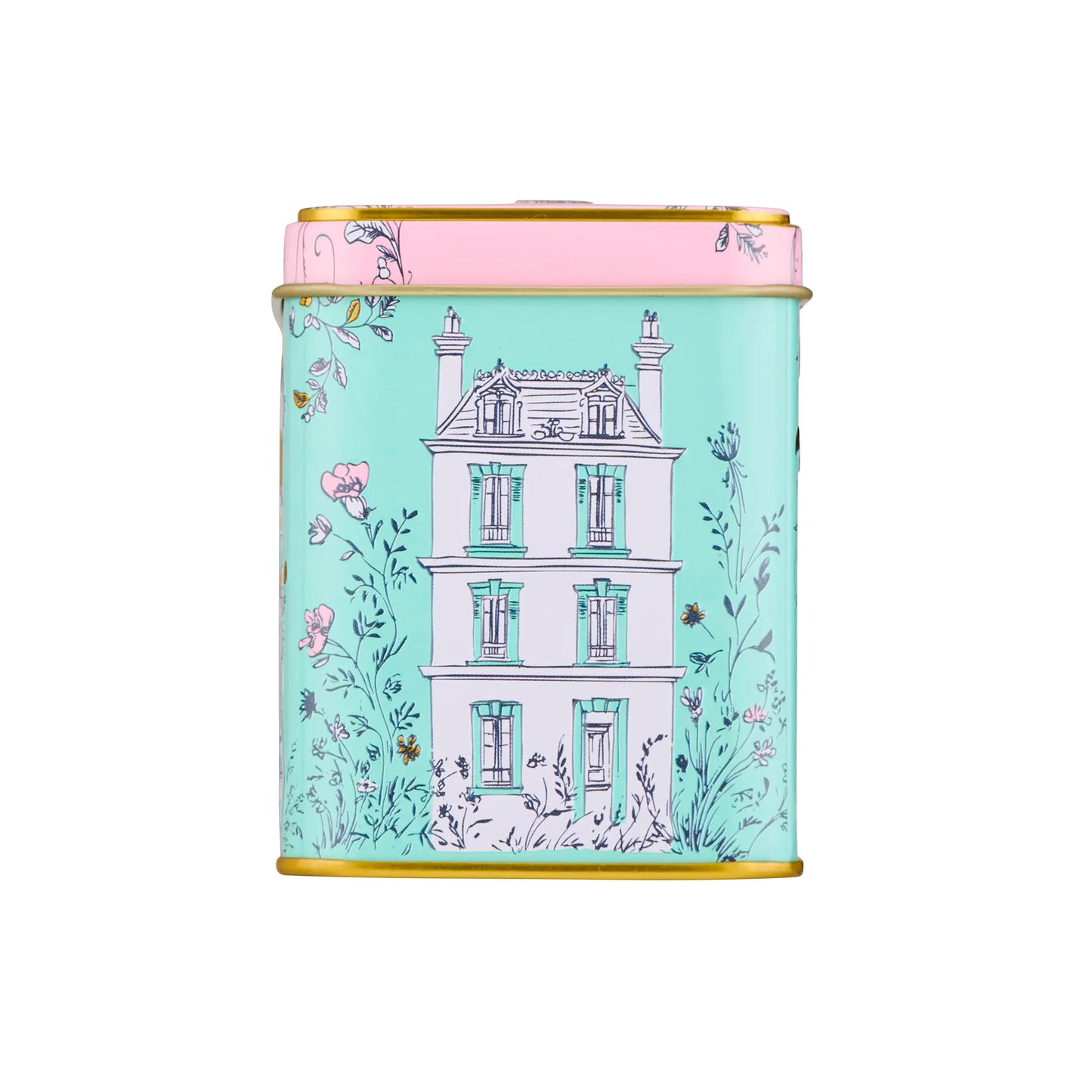 Decorative tea tin with house and floral design on a light blue green background