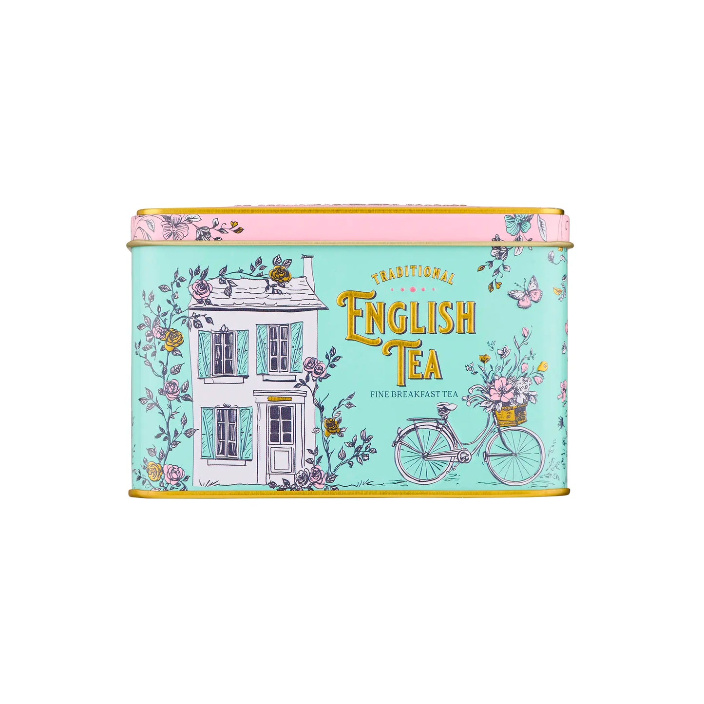Tea tin with decorative design featuring a house and bicycle on a light blue background