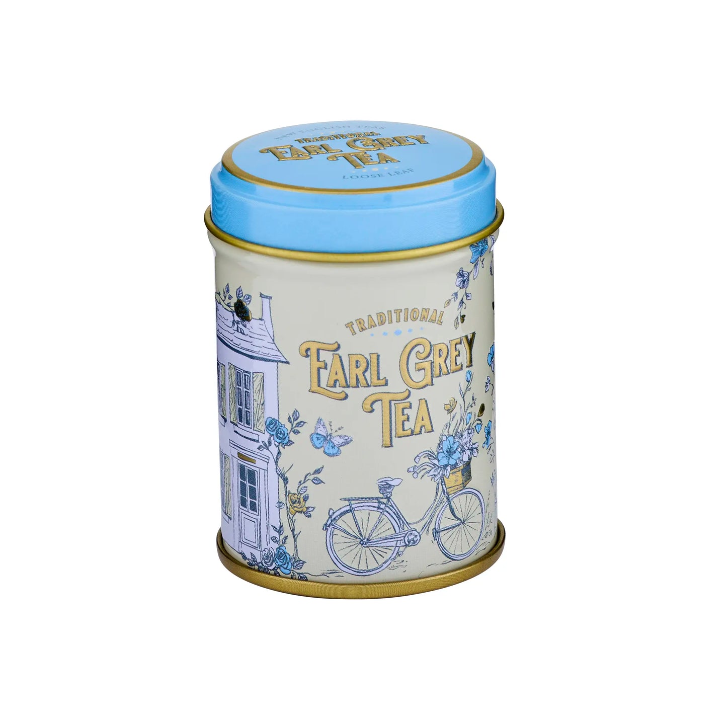 A cylindrical metal tea tin for Earl Grey Tea, featuring a cream-colored body with blue illustrations of a house, bicycle, and flowers, and a light blue lid with gold lettering.