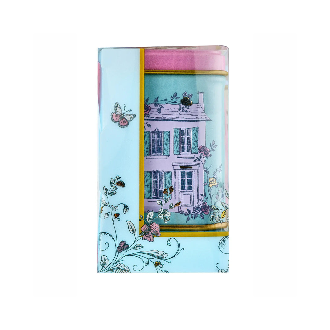 A boxed set of three decorative metal tea tins labeled Breakfast Tea, Earl Grey Tea, and Afternoon Tea, shown in clear plastic packaging from the side view.