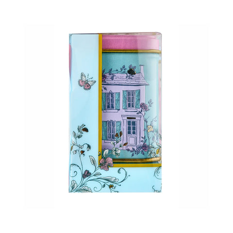 A boxed set of three decorative metal tea tins labeled Breakfast Tea, Earl Grey Tea, and Afternoon Tea, shown in clear plastic packaging from the side view.