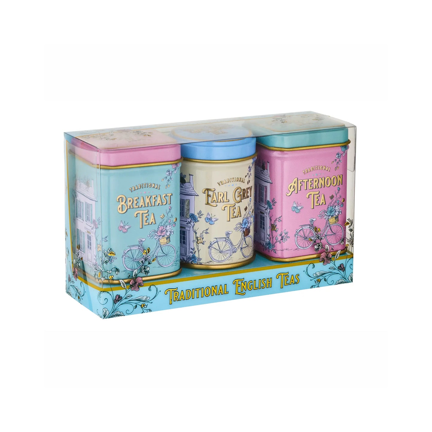 A boxed set of three decorative metal tea tins labeled Breakfast Tea, Earl Grey Tea, and Afternoon Tea, shown in clear plastic packaging against a white background.