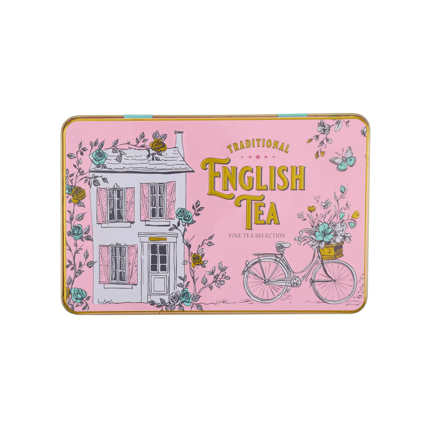 A rectangular pink tin of Traditional English Tea Fine Tea Selection, featuring an illustration of a white cottage, a bicycle with a flower basket, and floral details on a light pink background.