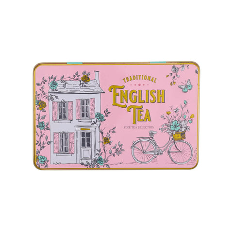 A rectangular pink tin of Traditional English Tea Fine Tea Selection, featuring an illustration of a white cottage, a bicycle with a flower basket, and floral details on a light pink background.