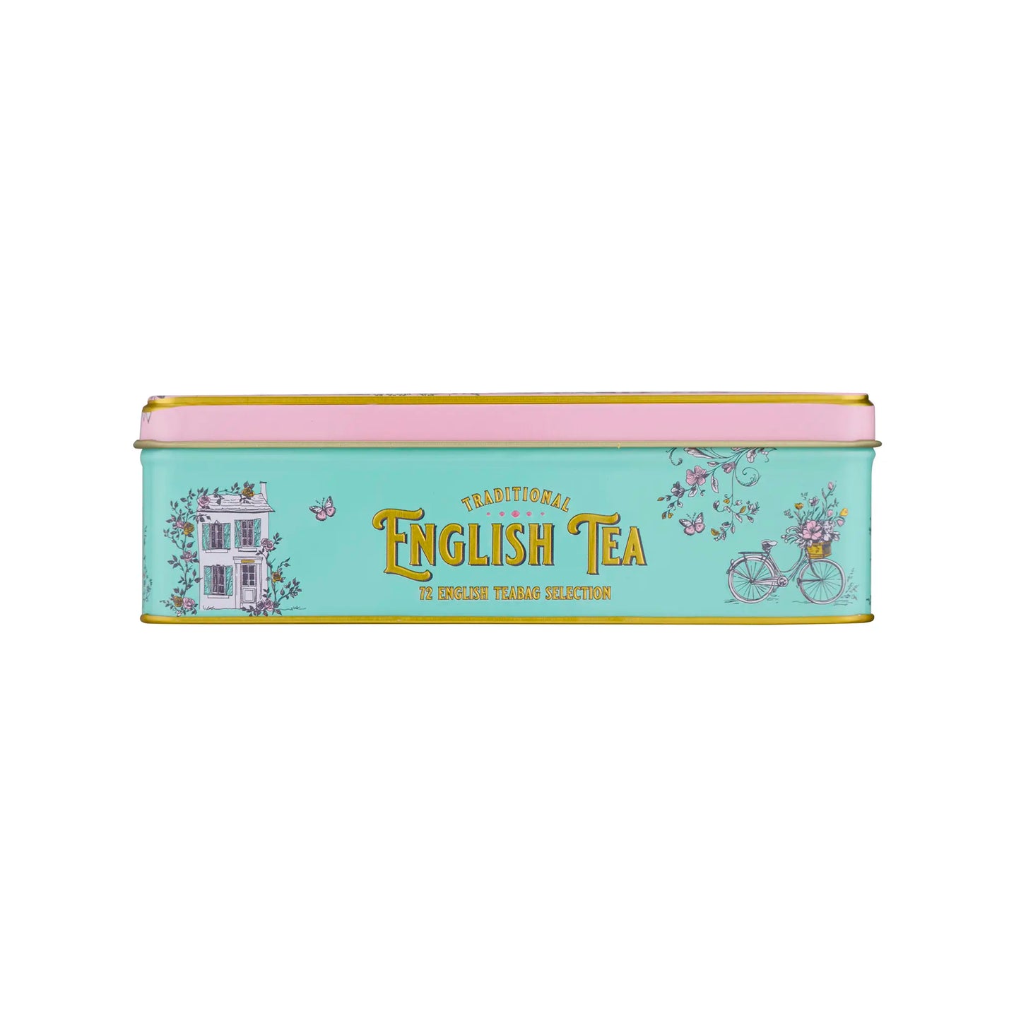 A rectangular metal tin of traditional English tea with a pastel mint green body, pink lid, and gold lettering, decorated with illustrations of a house, bicycle, and flowers.