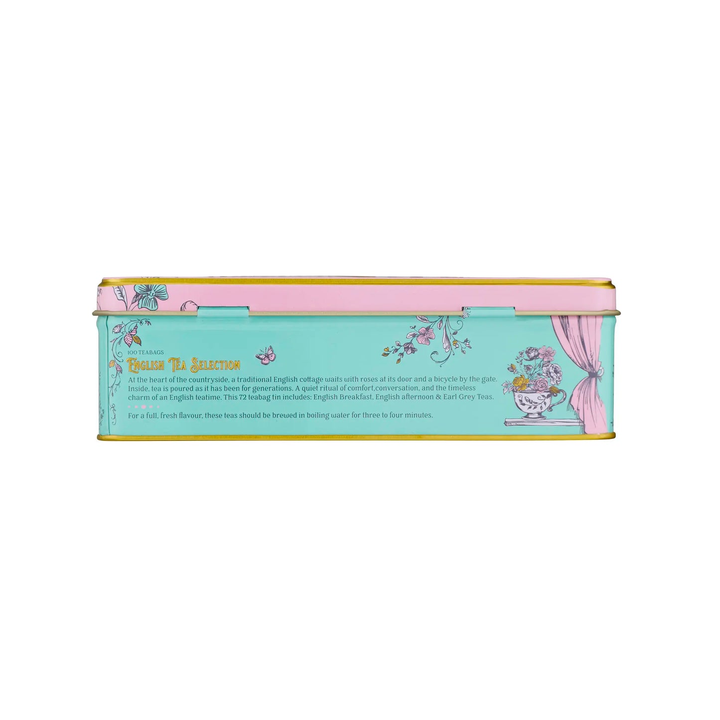A rectangular metal tin box with a pastel aqua front, pink lid, and gold trim, featuring decorative floral illustrations and the title 'Tea Time Selection' on a white background.
