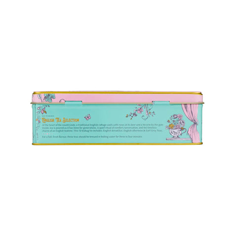 A rectangular metal tin box with a pastel aqua front, pink lid, and gold trim, featuring decorative floral illustrations and the title 'Tea Time Selection' on a white background.