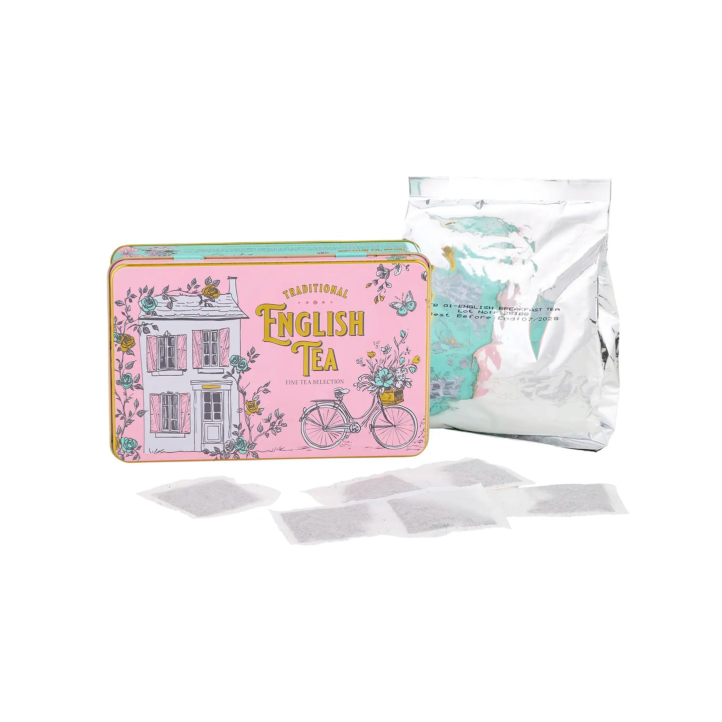 A pink tin of English Tea with floral illustrations of a house and bicycle, shown with a silver foil pouch and several tea bags on a white background.