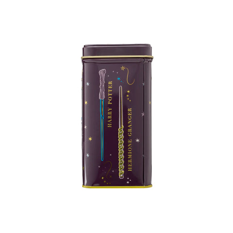Harry Potter hot chocolate tin showing Harry and Hermione's wands.
