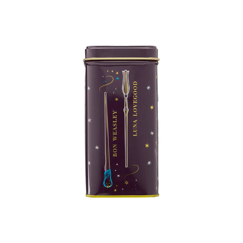 Harry Potter hot chocolate tin side showing Ron and Luna's wands