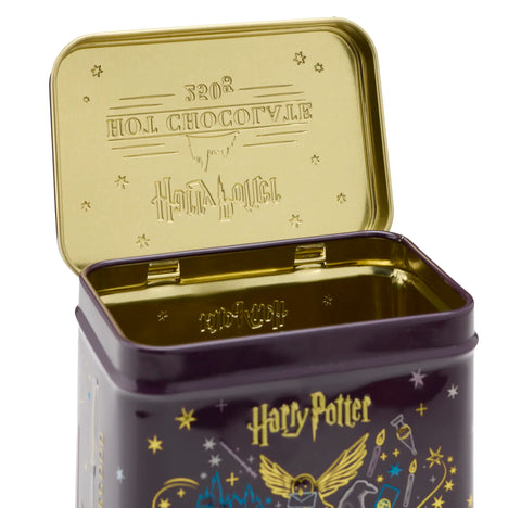 Harry Potter-themed tin with gold lid and purple body with the hinged lid open