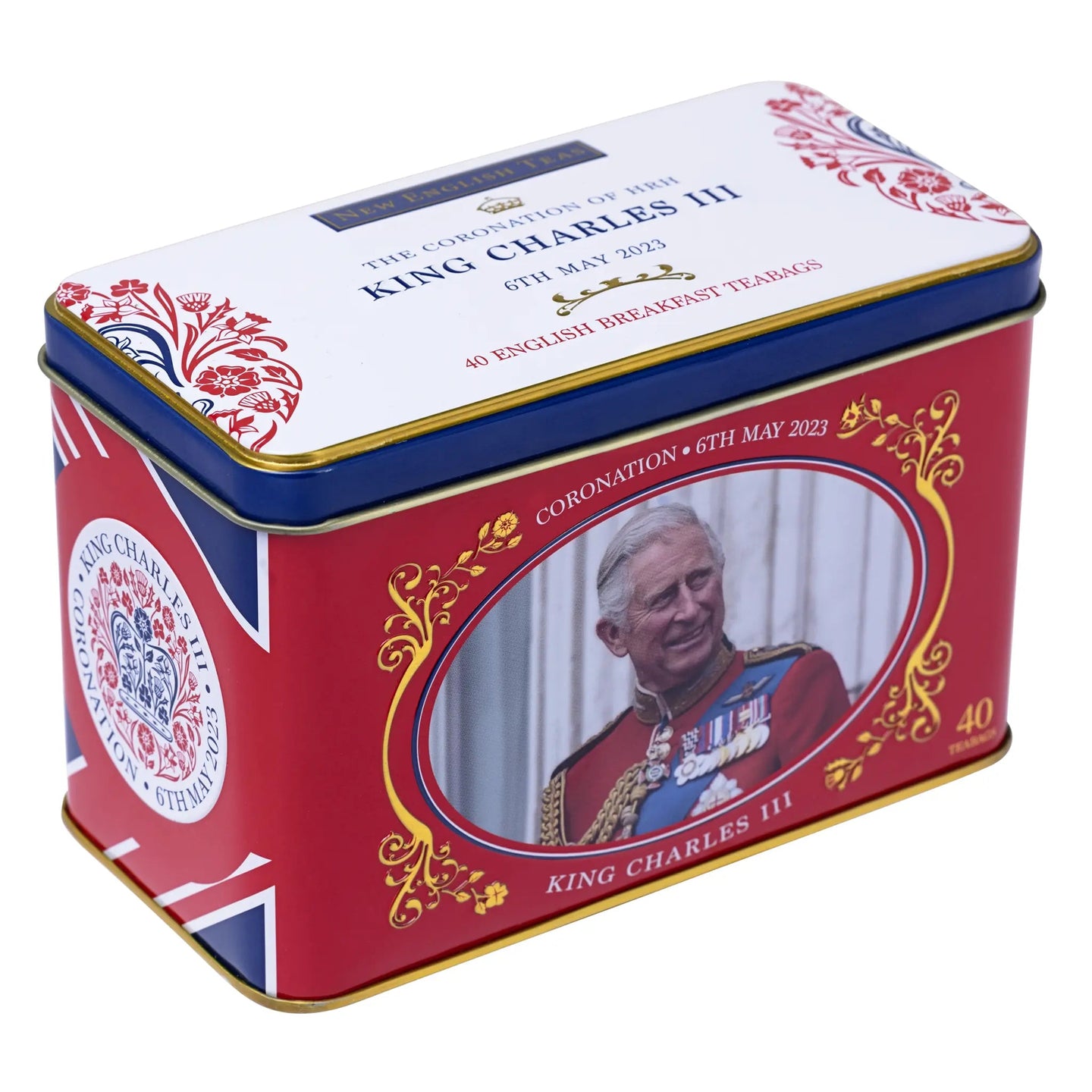 King Charles III Coronation Tea Tin with 40 English Breakfast Teabags Tea Tins New English Teas 