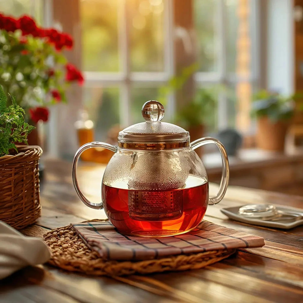 Clear glass teapot with red liquid on a wooden table with plants in the background