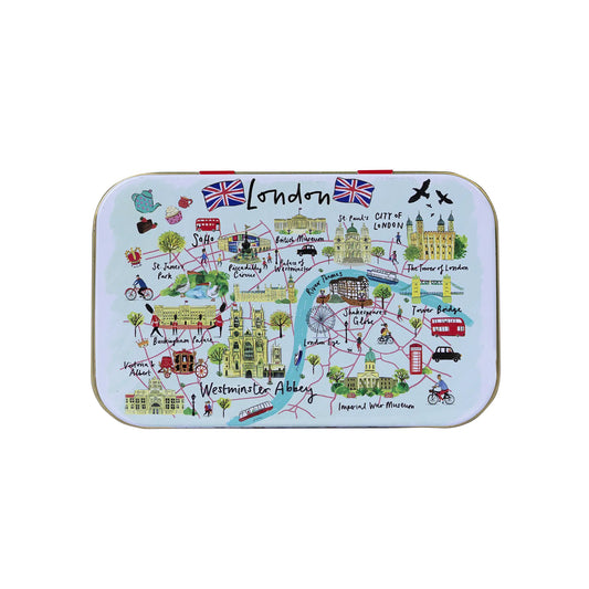 Map of London on a decorative mints tin with illustrations of famous landmarks.