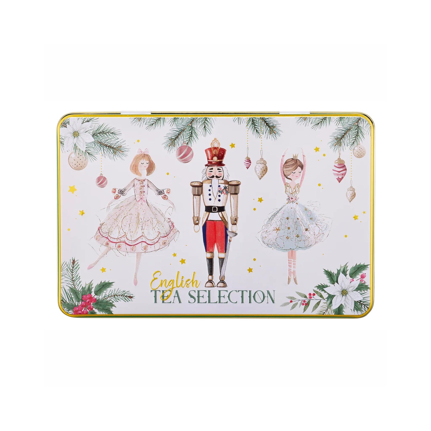 A rectangular metal tea tin with a gold border and a festive illustrated design featuring a nutcracker and two ballerinas, with the text 'English TEA SELECTION' on a white background.