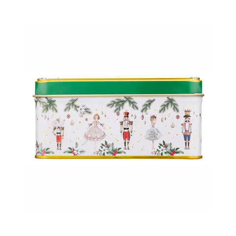A rectangular metal tin with a white background decorated with a festive Christmas nutcracker pattern, featuring a bright green lid and gold trim.