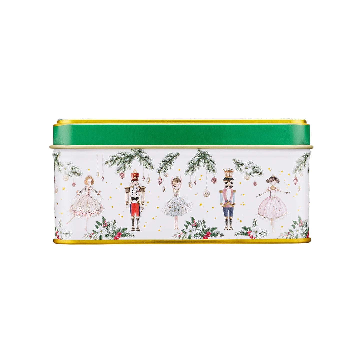 A rectangular metal tin with a white body decorated with Christmas nutcracker illustrations, green pine branches, and red berries, featuring a bright green lid with gold trim.