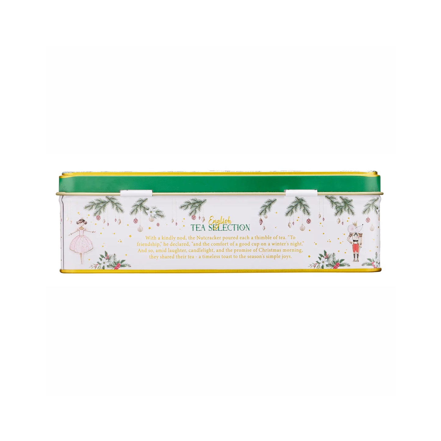A rectangular metal tea tin with a white body, green lid, and gold trim, decorated with Christmas illustrations including a nutcracker, a ballerina, pine branches, and gold confetti. The front text reads 'English TEA SELECTION'.