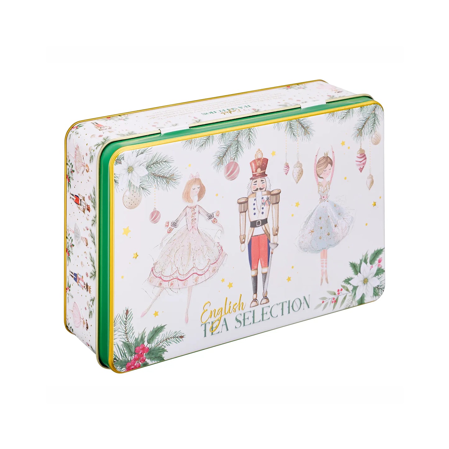 A rectangular metal tea tin with a white background decorated with Christmas illustrations, including a nutcracker, ballerinas, pine branches, ornaments, and the text 'English TEA SELECTION'.