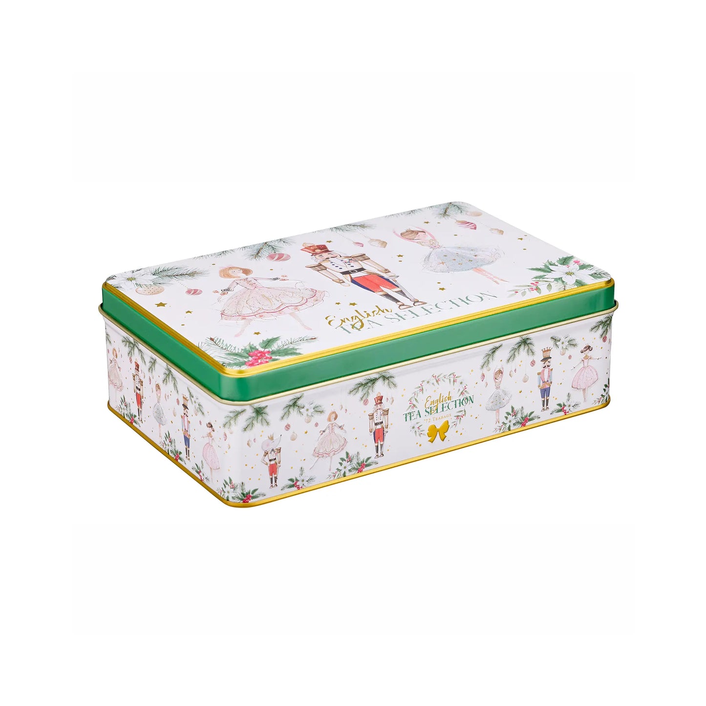 A rectangular metal tea tin with a white lid decorated with Christmas nutcracker illustrations and gold lettering, featuring a green band and gold trim, on a plain white background.