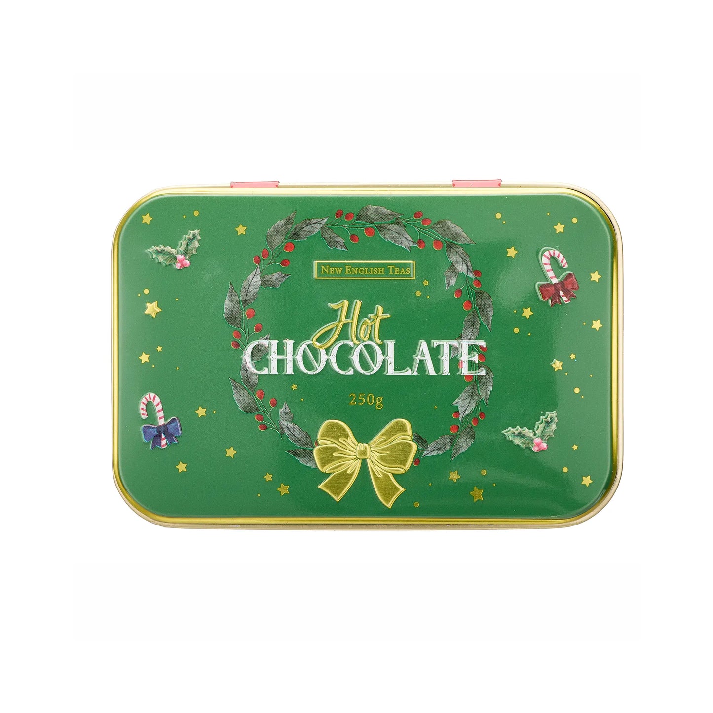 A rectangular green tin lid of New English Teas Hot Chocolate, decorated with a festive wreath, gold bow, candy canes, and stars, shown on a plain white background.