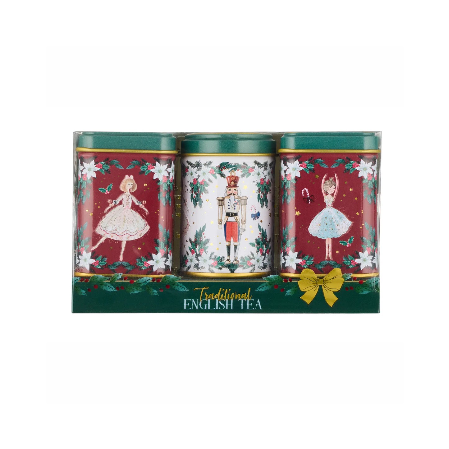 A boxed set of three traditional English tea tins with festive Christmas illustrations, including ballerinas and a nutcracker, on a plain white background.