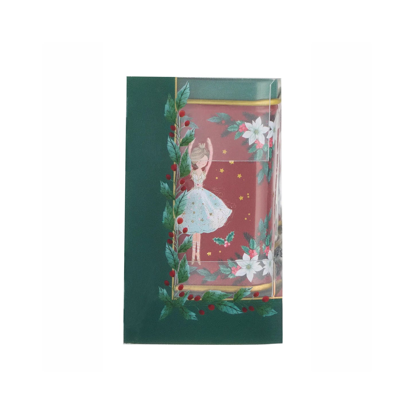 A rectangular decorative card or print featuring a ballerina in a light blue dress on a red background, framed by green holly leaves and white flowers. The left side has a solid dark green border, and the item is photographed against a plain white background.