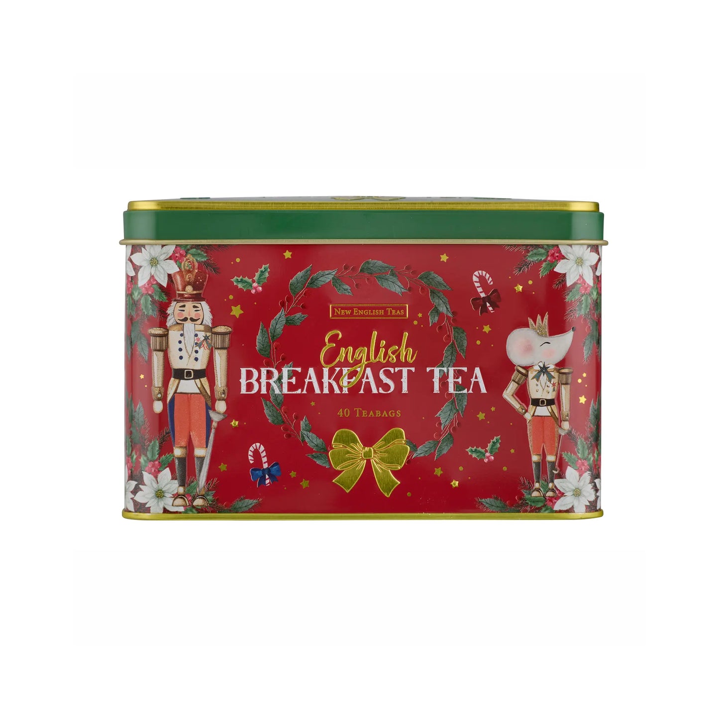 A rectangular red tin of New English Teas English Breakfast Tea, decorated with festive Christmas illustrations including nutcrackers, a green wreath, white flowers, and a gold bow.