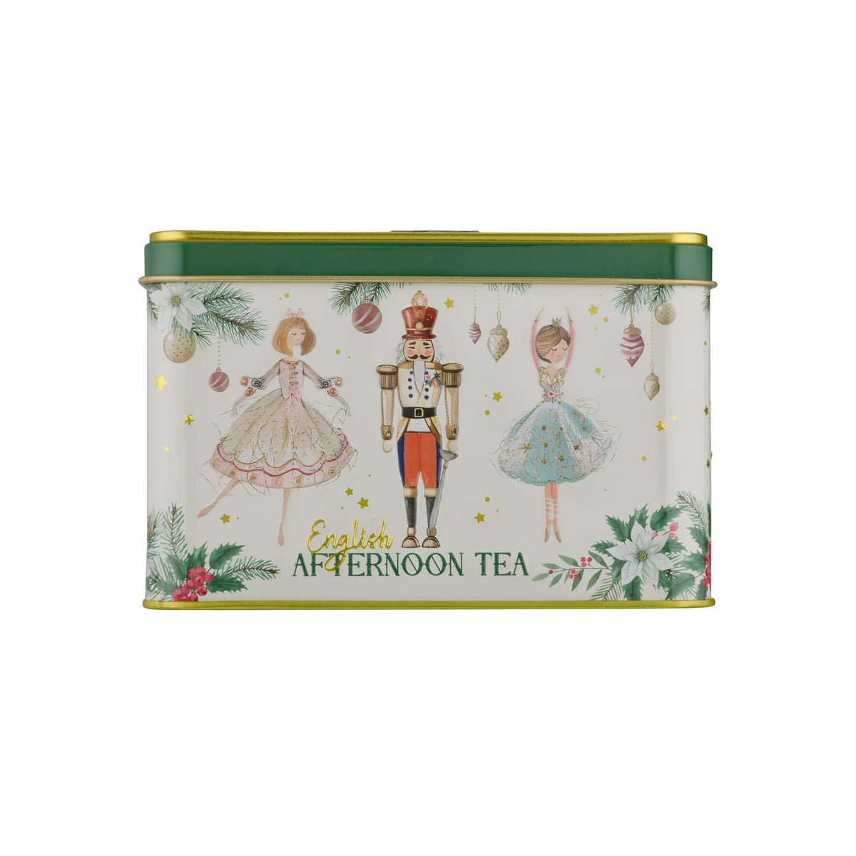 A rectangular metal tea tin with a festive Christmas illustration featuring a nutcracker and two ballerinas, with the text 'English AFTERNOON TEA' on a white background.