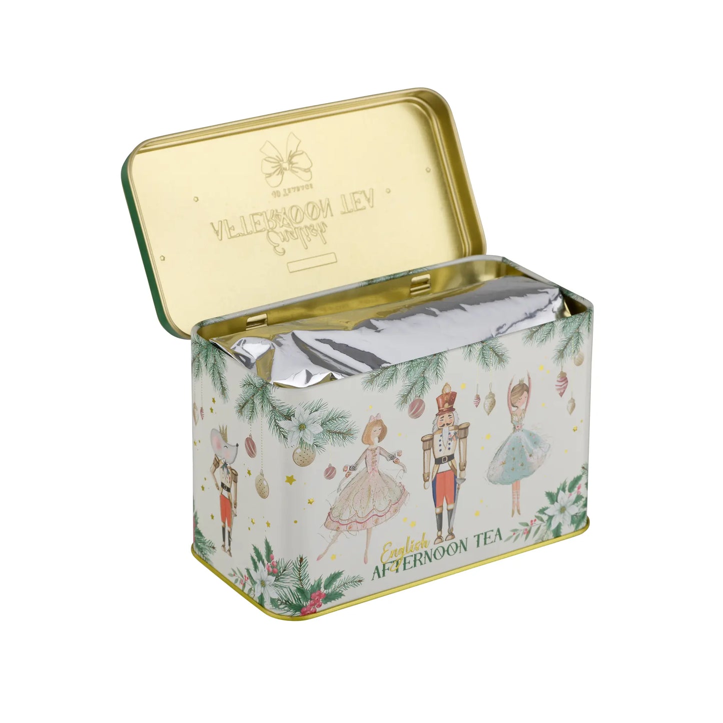 An open rectangular metal tea tin with a gold lid and a decorated front panel showing illustrated figures, pine branches, and the text 'English Afternoon Tea'.