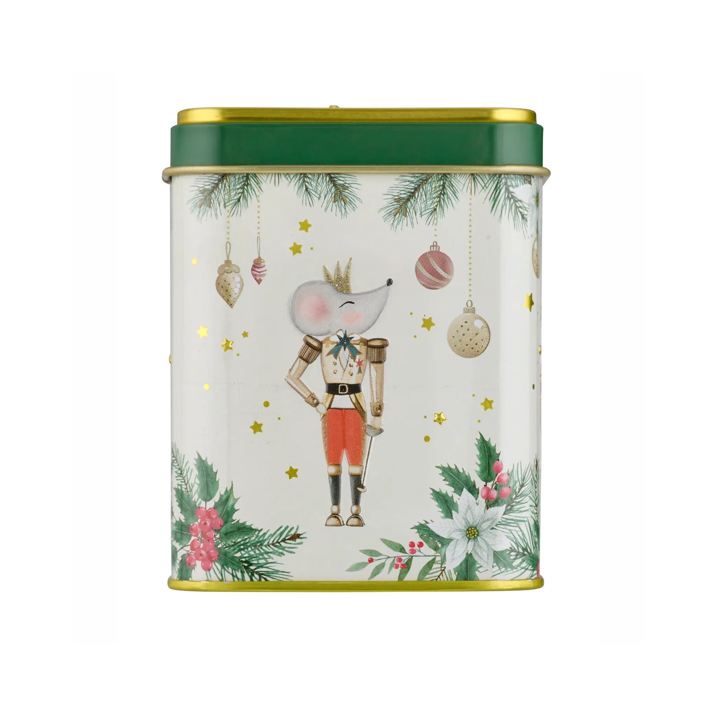 A cylindrical Christmas-themed tin with a white body, decorated with a nutcracker illustration, pine branches, ornaments, stars, and flowers. The tin has a dark green lid with gold trim and a gold-colored rim.