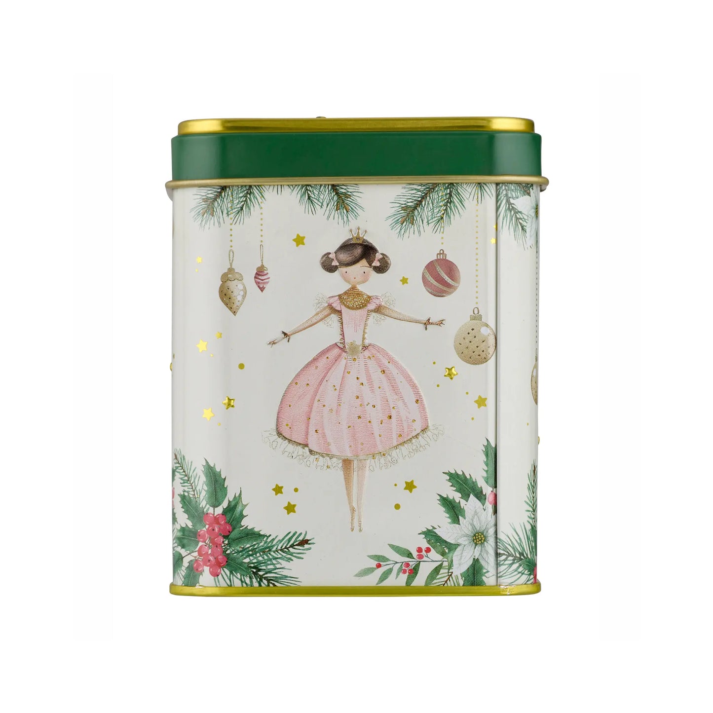 A rectangular metal tin with a festive Christmas design, featuring a ballerina in a pink dress, hanging ornaments, pine branches, and white flowers. The tin has a dark green lid with gold trim and a gold-colored bottom edge, set against a plain white background.