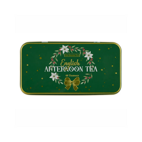 A rectangular green metal tea tin with rounded corners, featuring a gold border, white flowers, green leaves, and a gold bow illustration. The text reads 'English AFTERNOON TEA' and '40 TEABAGS'.