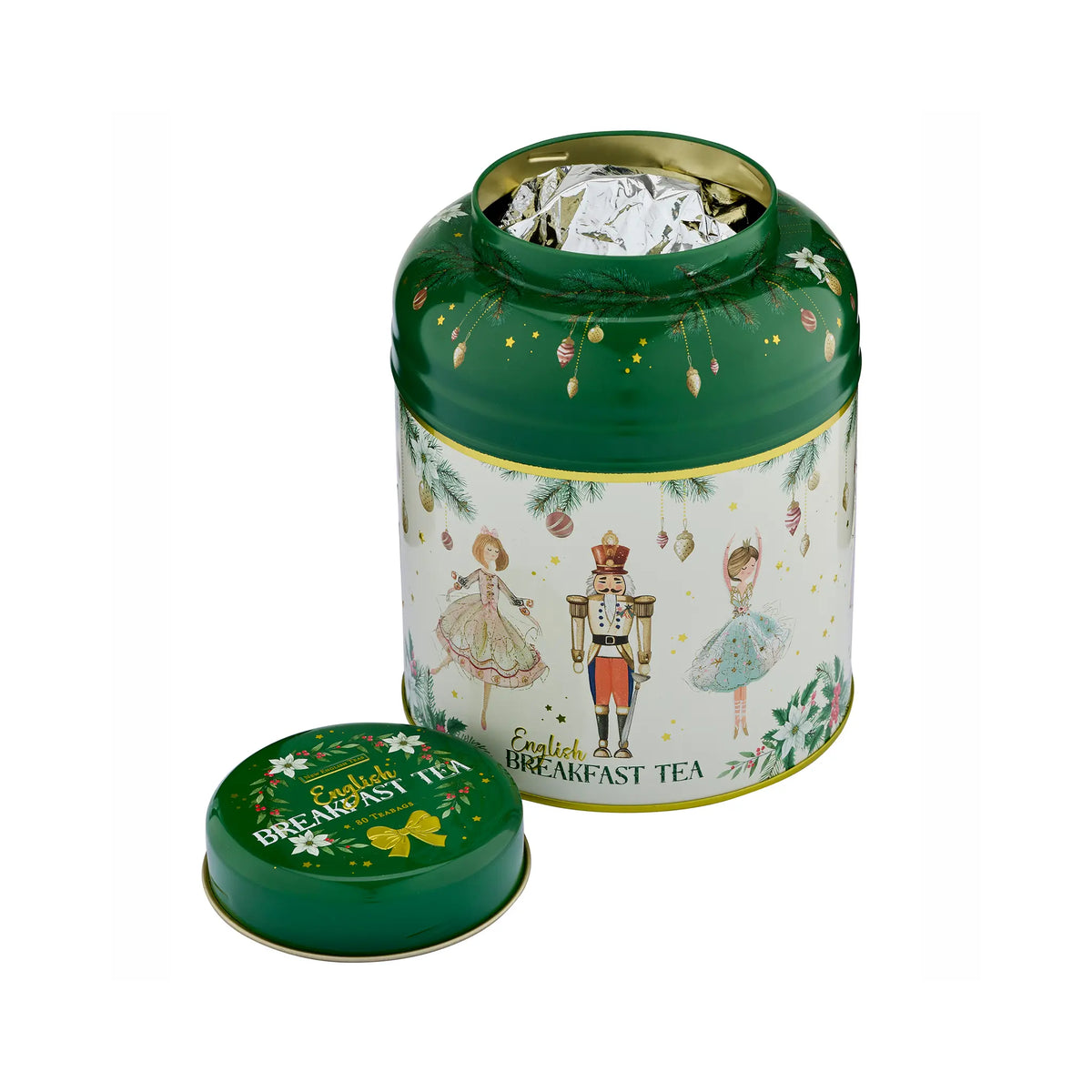 A green metal tea tin with a matching lid placed in front, shown on a white background. The tin is open, revealing silver foil-wrapped tea packets inside.
