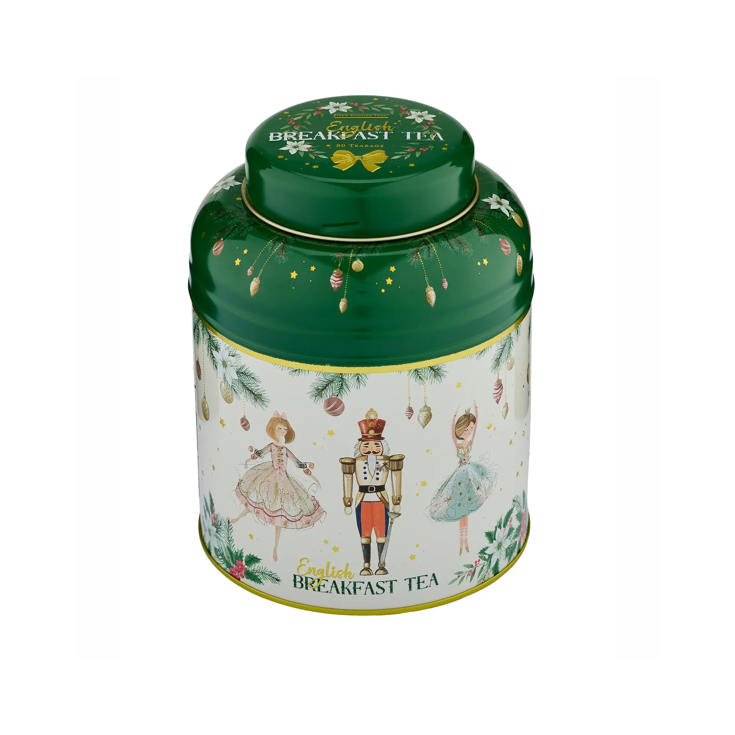 A round metal tea tin with a green lid and a cream-colored body decorated with illustrations of a nutcracker, a woman in a pink dress, and a woman in a blue dress, along with the text 'English Breakfast Tea'.