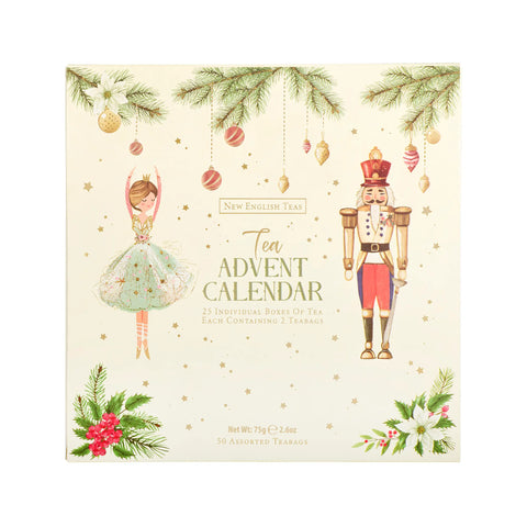 New English Tea Tea Advent Calendar box featuring a cream-colored background decorated with illustrations of a ballerina, a nutcracker, pine branches, ornaments, and floral accents.